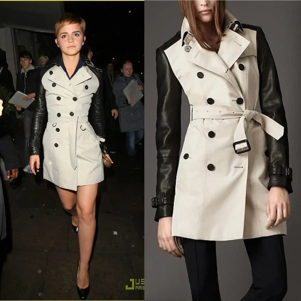 Burberry Patent Leather Sleeve Gabardine Trench Coat Black Tan US 4 - Picture 12 of 12